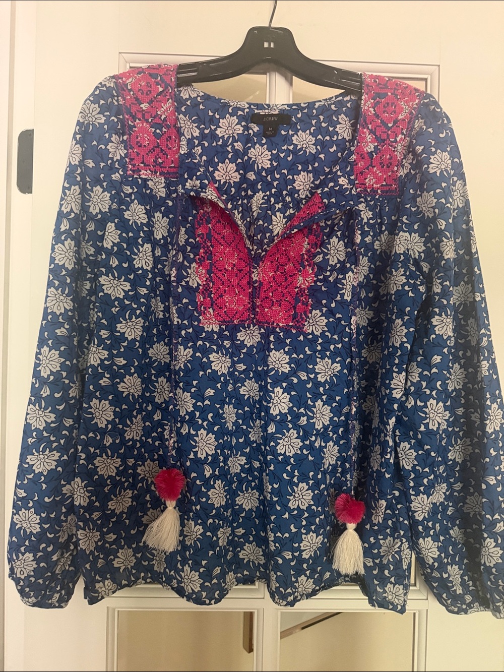 J. Crew Blue Floral Tunic with Pink Embroidered Yoke and Tassels M